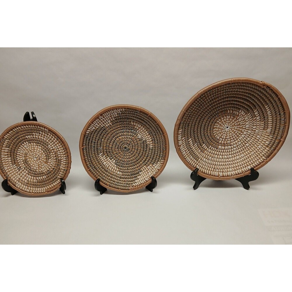 3 Piece Lot of Boho Round Wall Basket Decor, Seagrass Rattan Wicker Gallery Wall